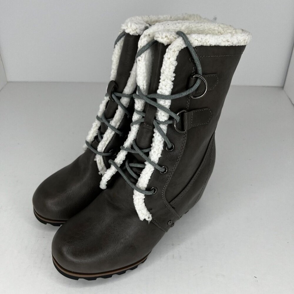 Time And Tru Womens Faux Trim Leather Brown Lace Up Size 7 Wedge Boots